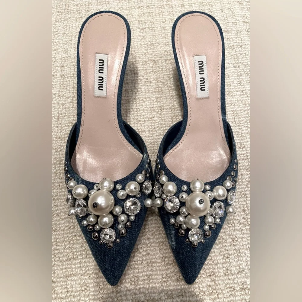 Miu Miu denim/jewelled kitten heels, size 6.5 - Picture 1 of 4